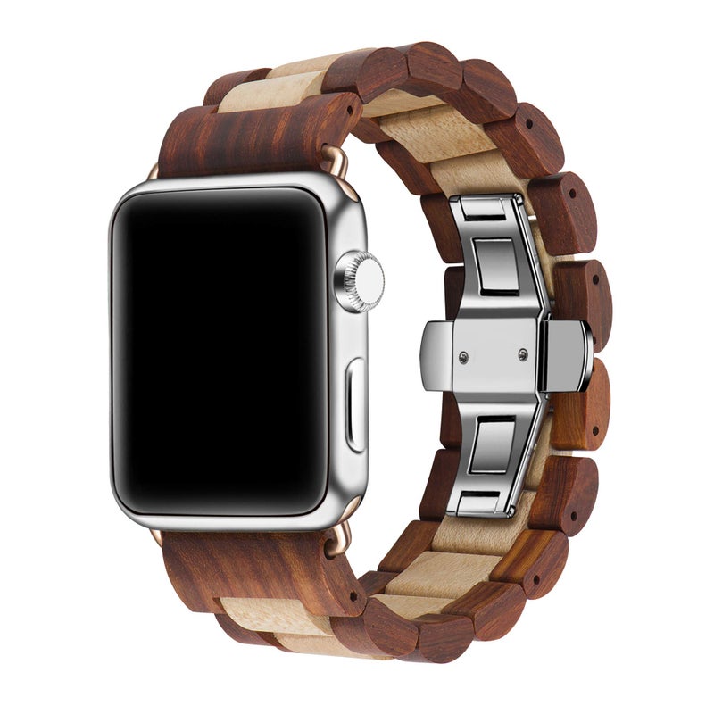 Kinobo Wooden Watch Band Compatible with Apple Watch, Natural Hardwood Watch Strap Thickened Wrist Bracelet for iWatch Series 8,7, 6, 5, 4, 3, 2, 1, Sport, Edition (Sandal + Maple-42/44/45mm) - Image 1
